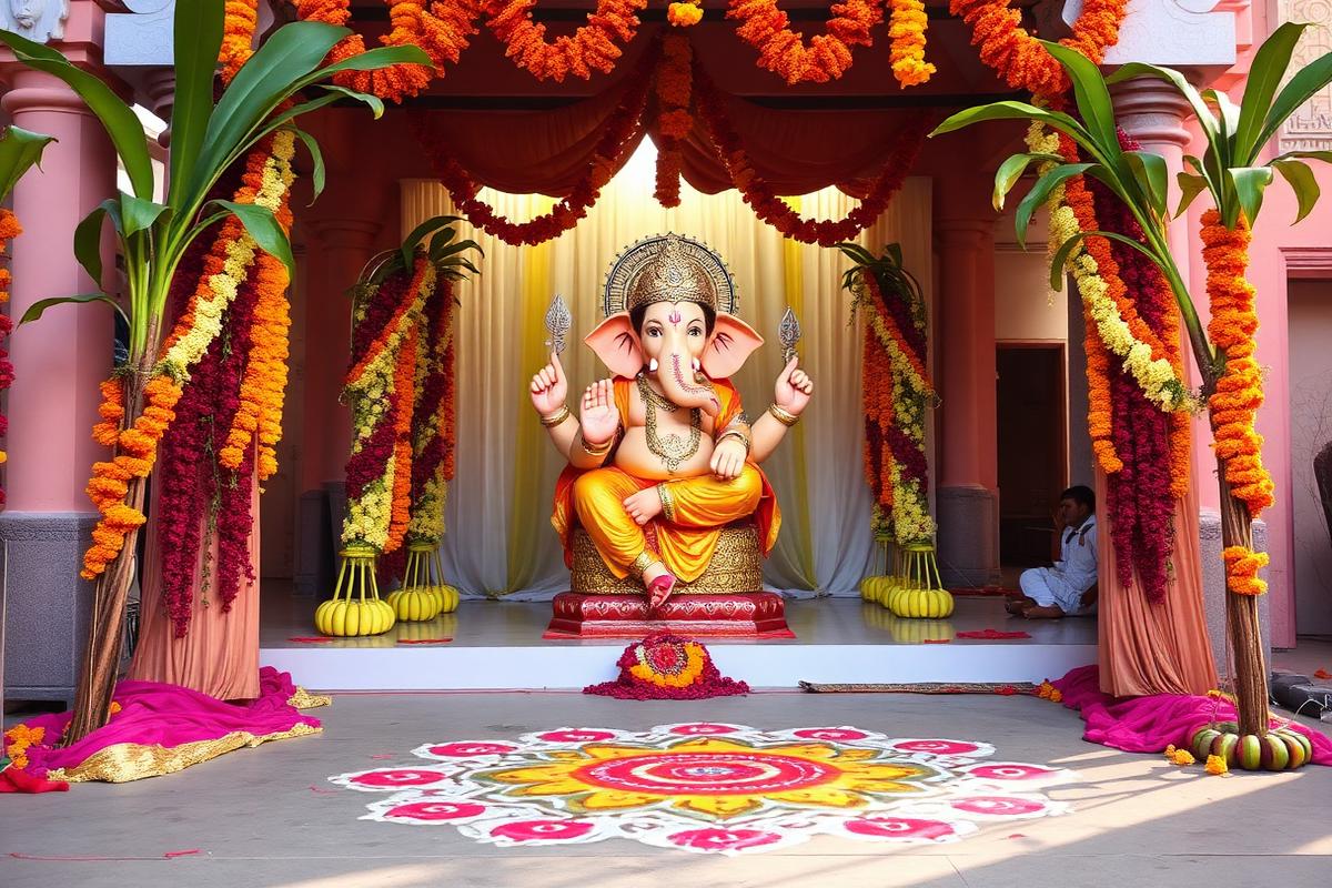 The decorated pandal with rangoli at the entrance